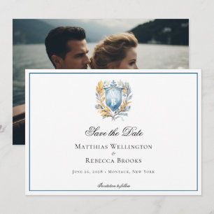 Formele Klassieke Blauwe Kam Monogram Bruiloft Fot Save The Date