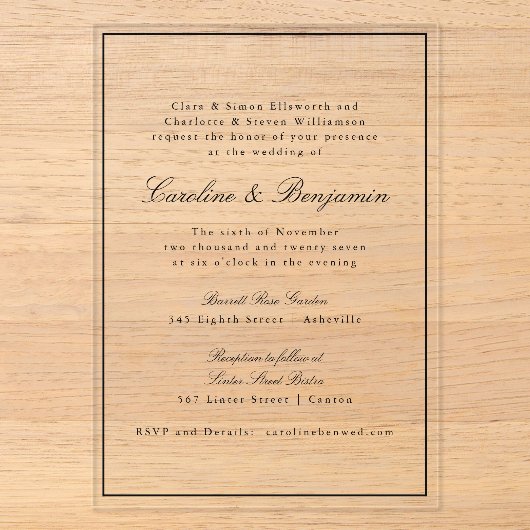 Formele klassieke grens Manuscript Elegant Wedding Acryl Uitnodigingen (Voorkant)