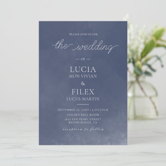 Formele Klassieke Marine Blauwe Rook Bruiloft Uitn Kaart (Staand voorkant)