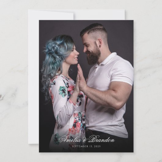 Formele Klassieke Zwart & Wit Script Fotobruiloft Kaart (Achterkant)