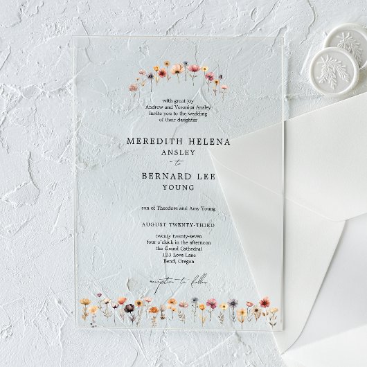 Formele kleurrijke bloemenbruiloft acryl uitnodigingen