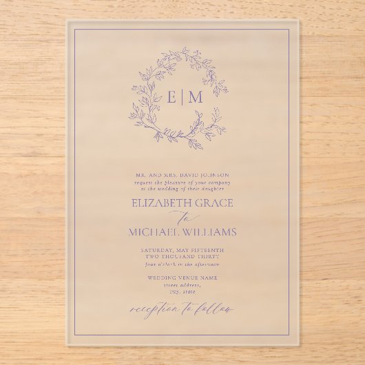 Formele lavender Leafy Crest Monogram Weddenschap Acryl Uitnodigingen (Voorkant)