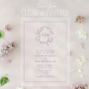 Formele lavender Leafy Crest Monogram Weddenschap Acryl Uitnodigingen