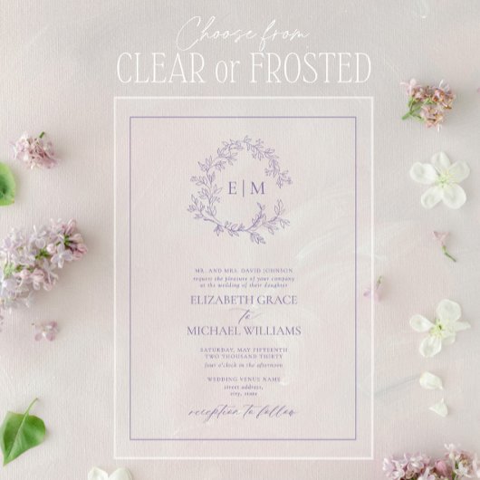 Formele lavender Leafy Crest Monogram Weddenschap Acryl Uitnodigingen