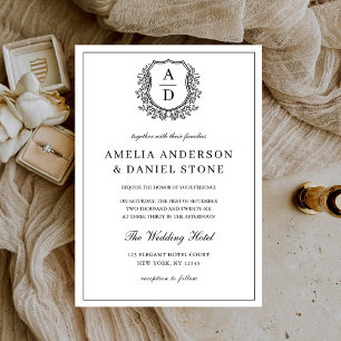 Formele Leafy Crest Monogram Huwelijk Elegant Kaart