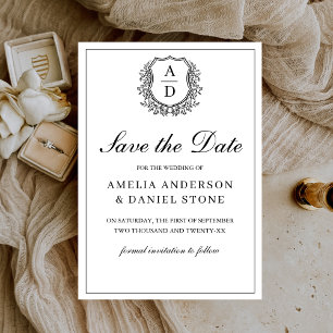 Formele Leafy Crest Monogram Zwart Wit Huwelijk Save The Date