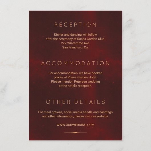 Formele luxe bordeaux gouden bruiloft gasten detai informatiekaartje (Voorkant)