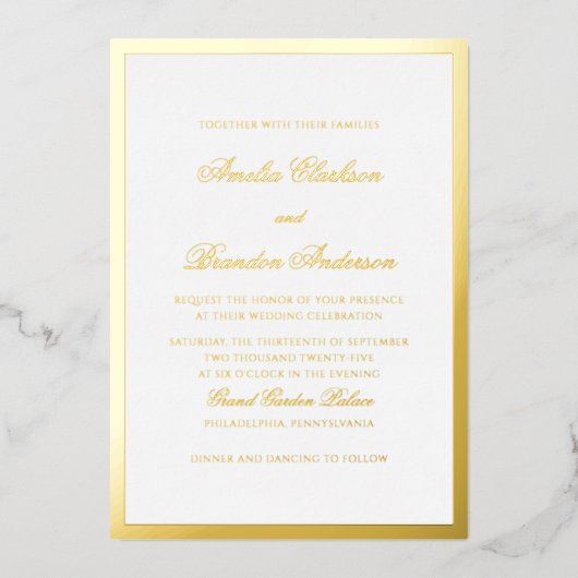 Formele Luxe Gold Border Script Wedding Folie Uitnodiging (Voorkant)