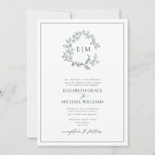 Formele maragdalgroene leafy Crest Monogram Wedden Kaart (Voorkant)