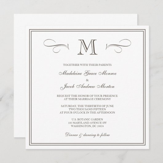 Formele monogram bruiloft kaart (Voorkant / Achterkant)