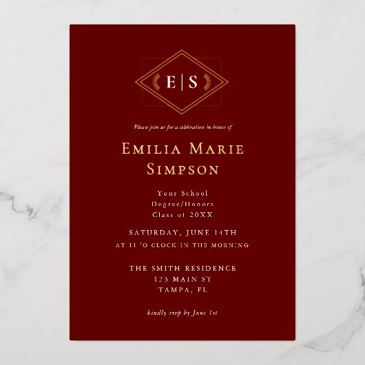 Formele Monogram Burgundy Afstuderen Folie Uitnodiging (Voorkant)
