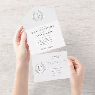Formele ovale krans monogram zwart wit bruiloft all in one uitnodiging