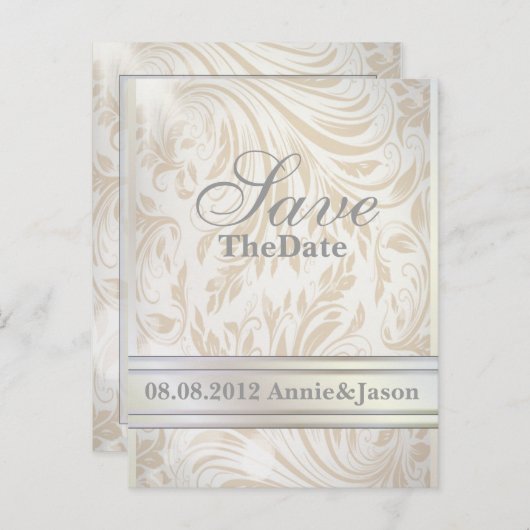 Formele Parelwitte Damast Trouw save the date Aankondigingskaart (Voorkant / Achterkant)