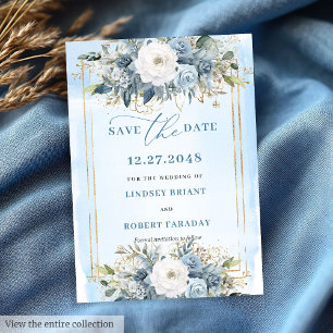 Formele Pastel Blauwe Witte Gouden Bloemige Save T Kaart