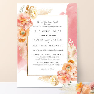 Formele perzik Blush Floral Koral Waterverf Weddin Kaart