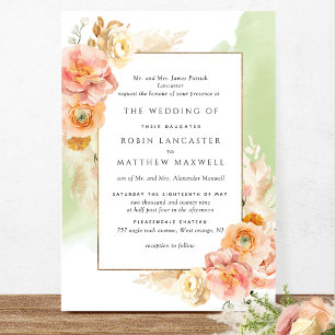 Formele Perzikkleurige Floral Green Waterverf Wedd Kaart