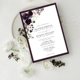 Formele Plum Paars Floral Waterverf Script Kaart