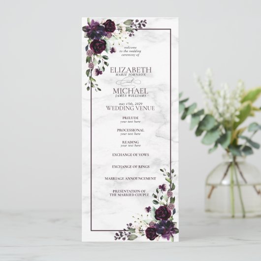 Formele Plum Paarse Waterverf bruiloft programma (Staand voorkant)