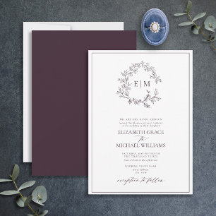 Formele Pruim Paarse Bladrijke Wapen Monogram Trou Kaart
