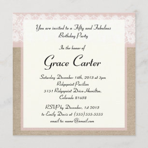 Formele roze Burlap Lace Birthday Uitnodiging