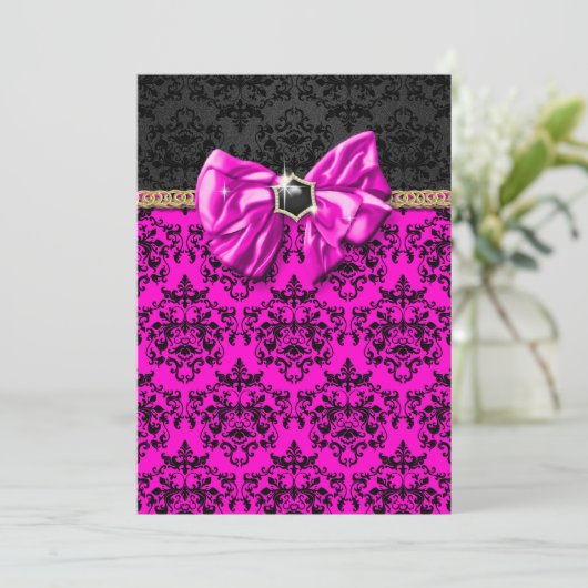 Formele roze zwarte gouden damast feest kaart (Staand voorkant)
