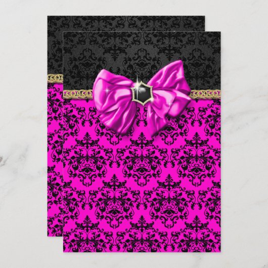 Formele roze zwarte gouden damast feest kaart (Voorkant / Achterkant)