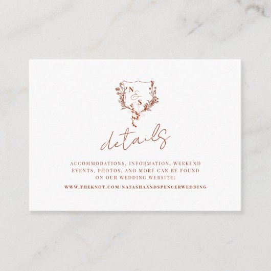 Formele Rust Bloemen Crest Monogram Trouwdetails Informatiekaartje (Voorkant)