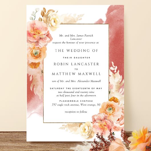 Formele Rust Peach Blush Oranje Waterverf bruiloft Kaart