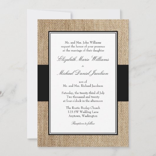Formele Rustic Burlap Black Wedding Invitations Kaart (Voorkant)