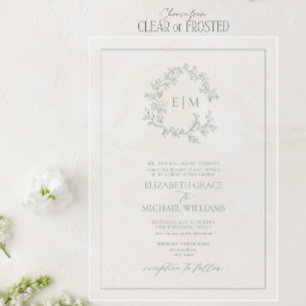 Formele Sage Green Leafy Crest Monogram Weddenscha Acryl Uitnodigingen
