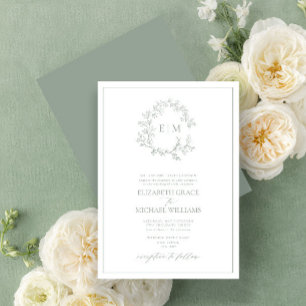 Formele Sage Green Leafy Crest Monogram Weddenscha Kaart