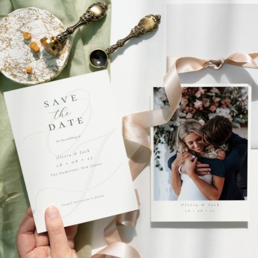 Formele Sage Green Script Fotobruiloft Save The Date