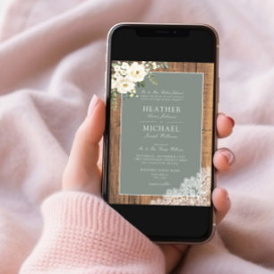 Formele Sage Green White Floral Wood Script Wedden Kaart