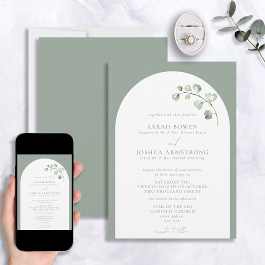 Formele Sage Groene Boog Botanisch Script Bruiloft Kaart