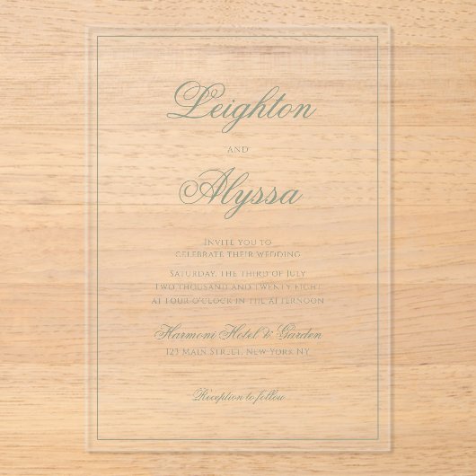 Formele Sage Groene Kalligrafie Grens Huwelijk Acryl Uitnodigingen (Voorkant)