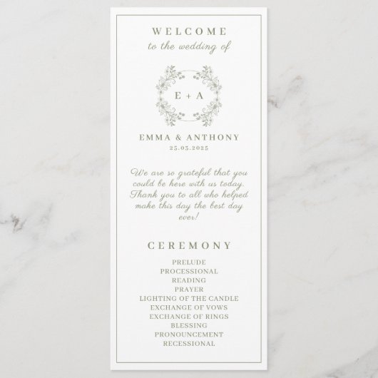 Formele  Sage Groene Monogram Huwelijksprogramma Programma (Voorkant)