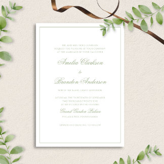 Formele saliegroene & witte rand script bruiloft kaart
