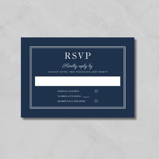 Formele script navy blue trouw-RSVP kaart