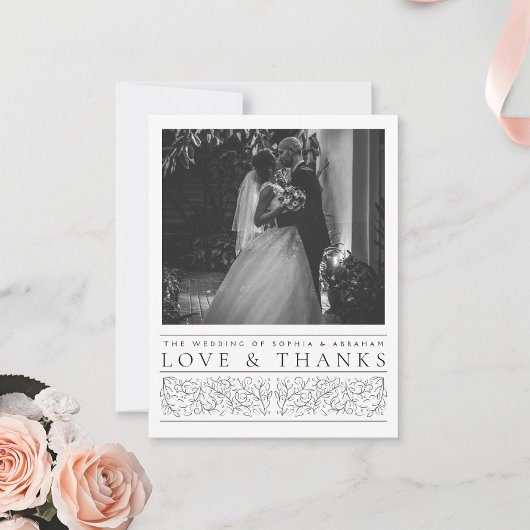 Formele scrollen bladeren zwart wit bruiloft foto bedankkaart