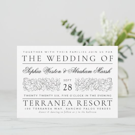 Formele scrollen bladeren zwart-wit bruiloft kaart (Staand voorkant)