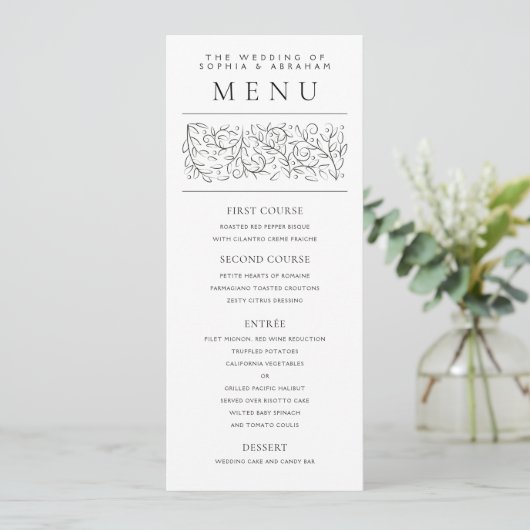 Formele scrollen bladeren zwart-wit bruiloft menu (Staand voorkant)