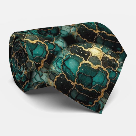 Formele stropdas | Marmer Teal Blauw & Goud (Opgerold)