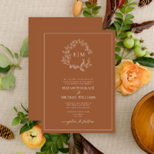 Formele terracotta Leafy Crest Monogram Weddenscha Kaart