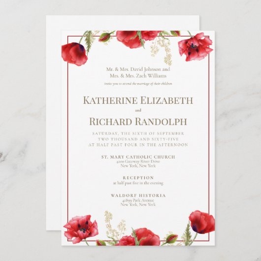Formele uitnodiging voor Rode Floral Rood en Wit h (Voorkant / Achterkant)
