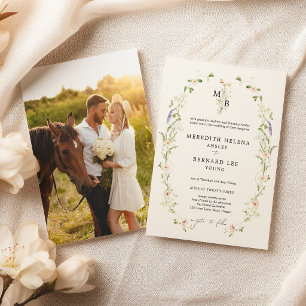 Formele Vintage Wilde Bloem Monogram Huwelijksfoto Kaart