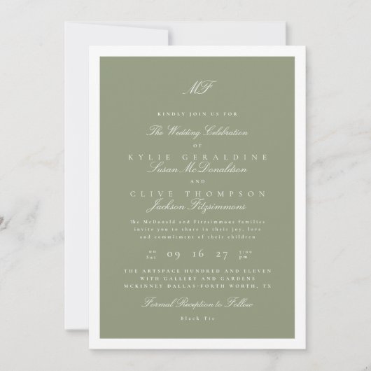 Formele witte ingelijst Sage Classic Monogram Huwe Kaart (Voorkant)