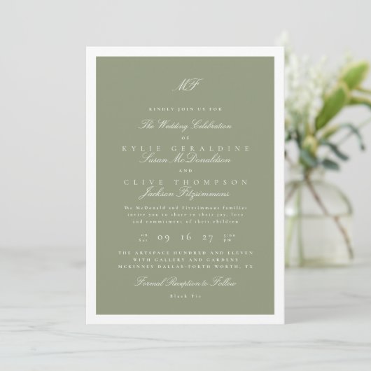 Formele witte ingelijst Sage Classic Monogram Huwe Kaart (Staand voorkant)