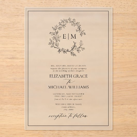 Formele witte zwarte bladluifel acryl uitnodigingen (Voorkant)