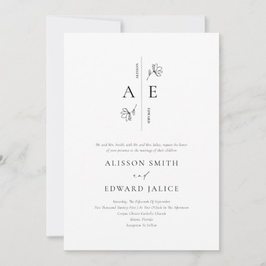 Formele witte zwarte monogram bruiloft kaart (Voorkant)