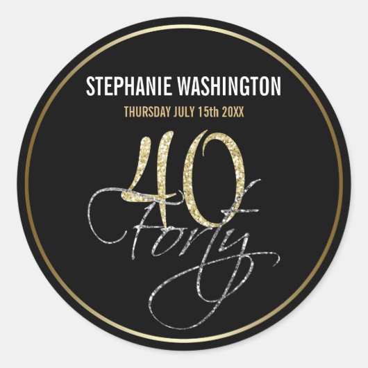 Formele Zilveren Zwart en Goud 40e Verjaardagsfees Ronde Sticker (Voorkant)